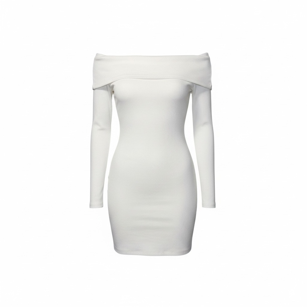 Privacy Please White Ribbed Off-Shoulder Bodycon Dress – Size Medium